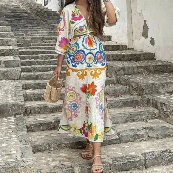 07 Boho Floral Tropical Print Cut out Short Sleeve Dress - Picture 4 of 7